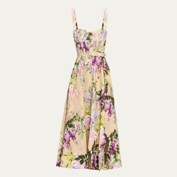 NEW Cara Cara Calypso Belted Midi Dress Wisteria Ginger Root Floral | US 4 UK 8 - Picture 2 of 14
